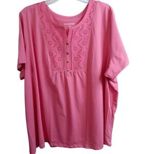 NEW WOMAN WITHIN Top Blouse Plus 2X 26/28 Eyelet Inset Short Sleeves Comfort